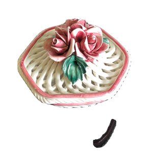 Vintage Italian Ceramic Reticulated Covered Dish  Pink/White